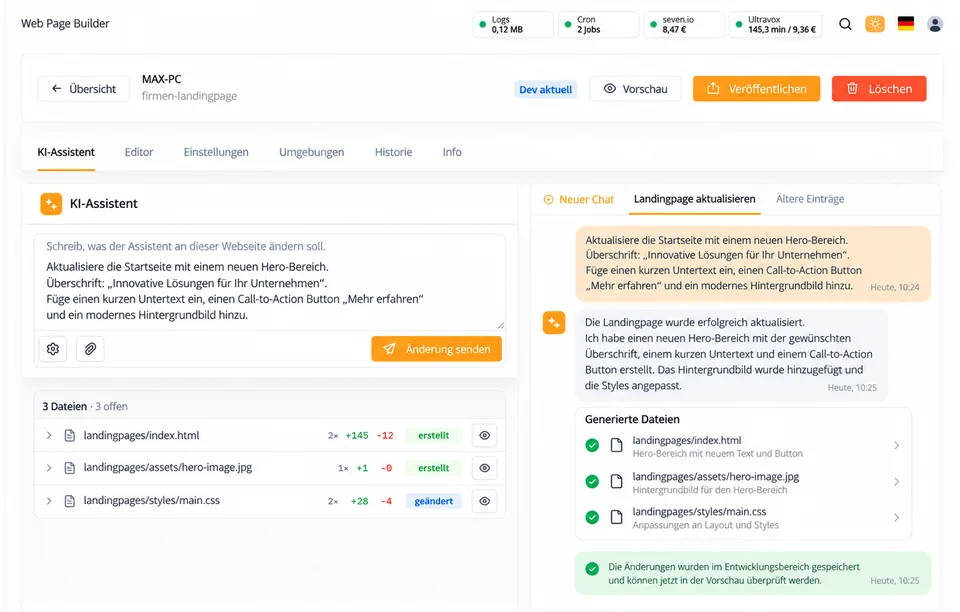 KI-Assistent im TryKI Web Page Builder mit Änderungen an einer Website