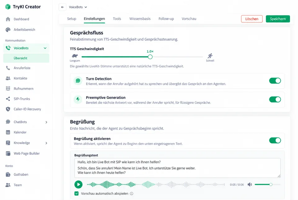 VoiceBot-Einstellungen für Sprache, Geschwindigkeit und Begrüßung