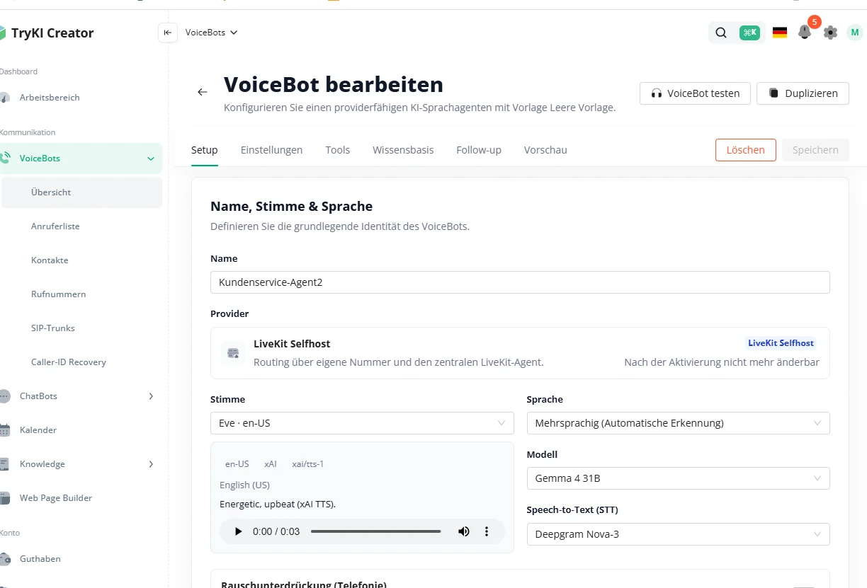 VoiceBot-Setup im TryKI Dashboard mit Name, Provider, Stimme und Sprache